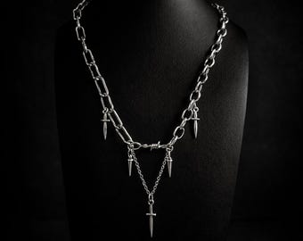 Iron Oath – Gothic Dagger Layered Necklace, Stainless Steel Statement Chain, 20” Toggle Clasp