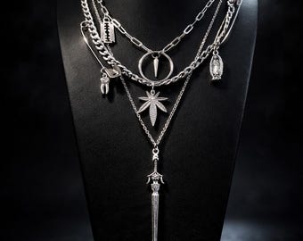 TRASHED – Gothic Layered Charm Necklace, Stainless Steel Statement Chain, 16” Toggle Clasp