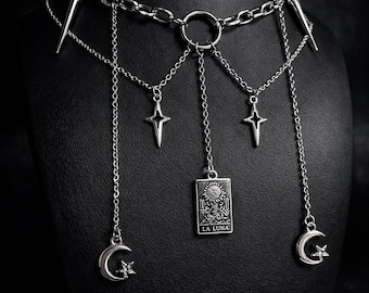La Luna Tarot Card – Celestial Gothic Statement Necklace, Stainless Steel Layered Chain, 18.5” Toggle Clasp