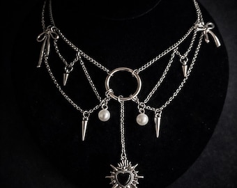 Layered Gothic Charm Necklace – Stainless Steel Spikes, Pearls & Sacred Heart Pendant – 17” Statement Piece