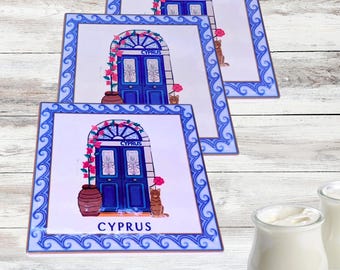 Cyprus Ceramic Tile: Mediterranean Blue Door Art, Coastal Decor
