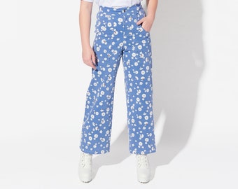 Daisy Wide Leg Jeans - Blue Floral High Waisted Pants