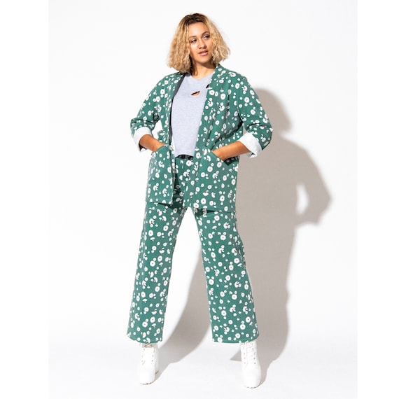 Daisy Wide Leg Jeans - Green Floral High Waisted Pants