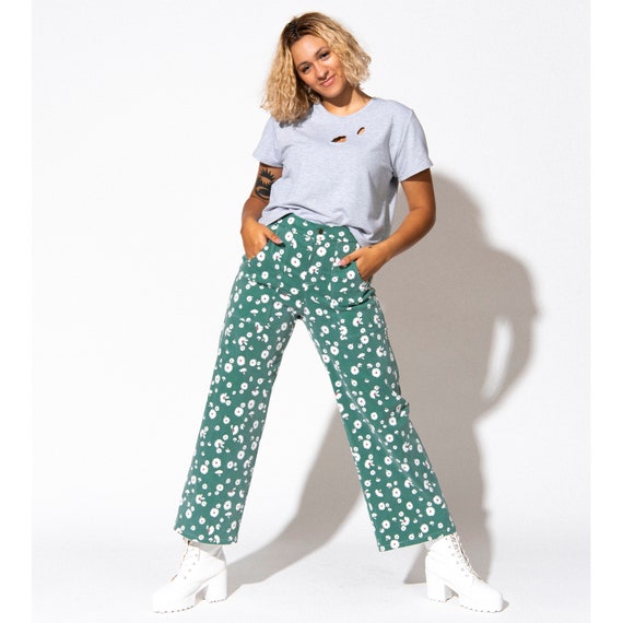 Daisy Jeans met wijde pijpen Groene gebloemde broek met hoge - Etsy  Nederland