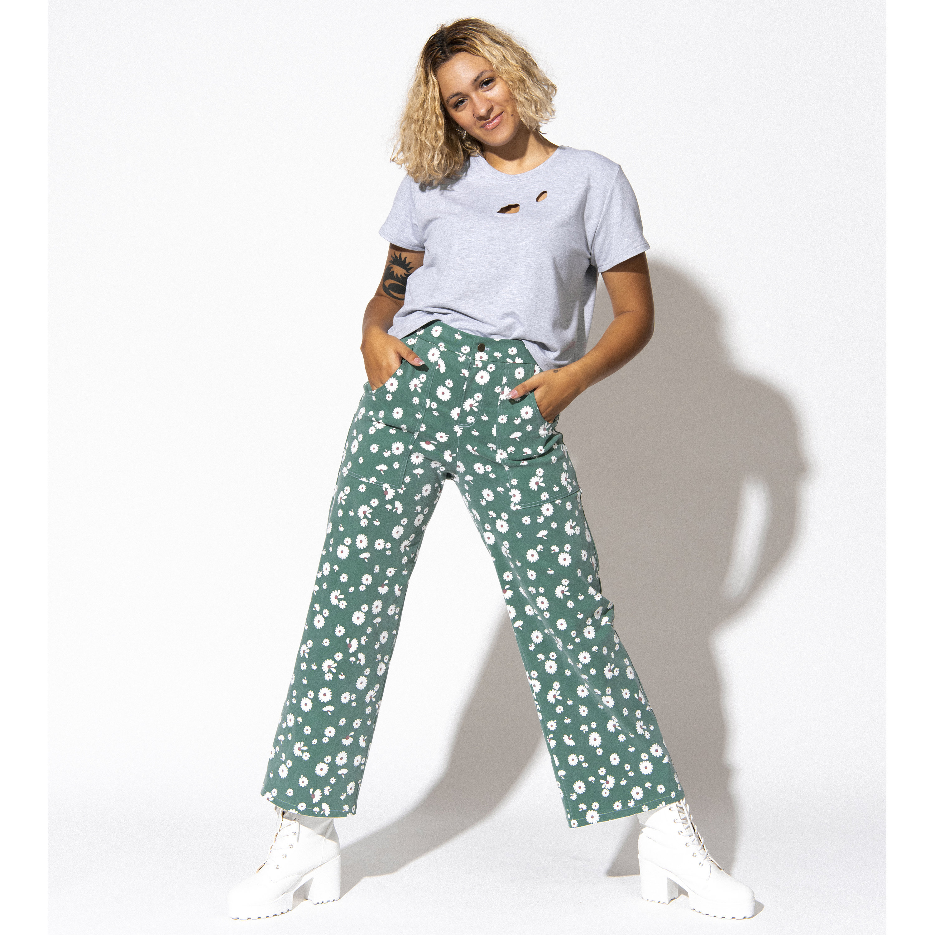 Daisy Wide Leg Jeans - Green Floral High Waisted Pants