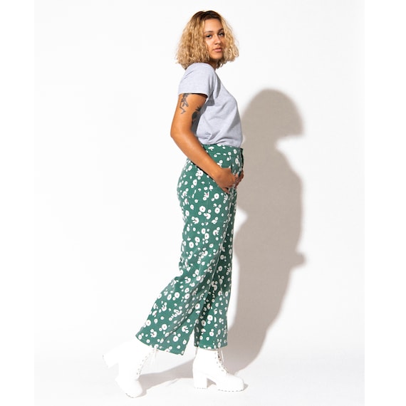 Daisy Wide Leg Jeans - Green Floral High Waisted Pants