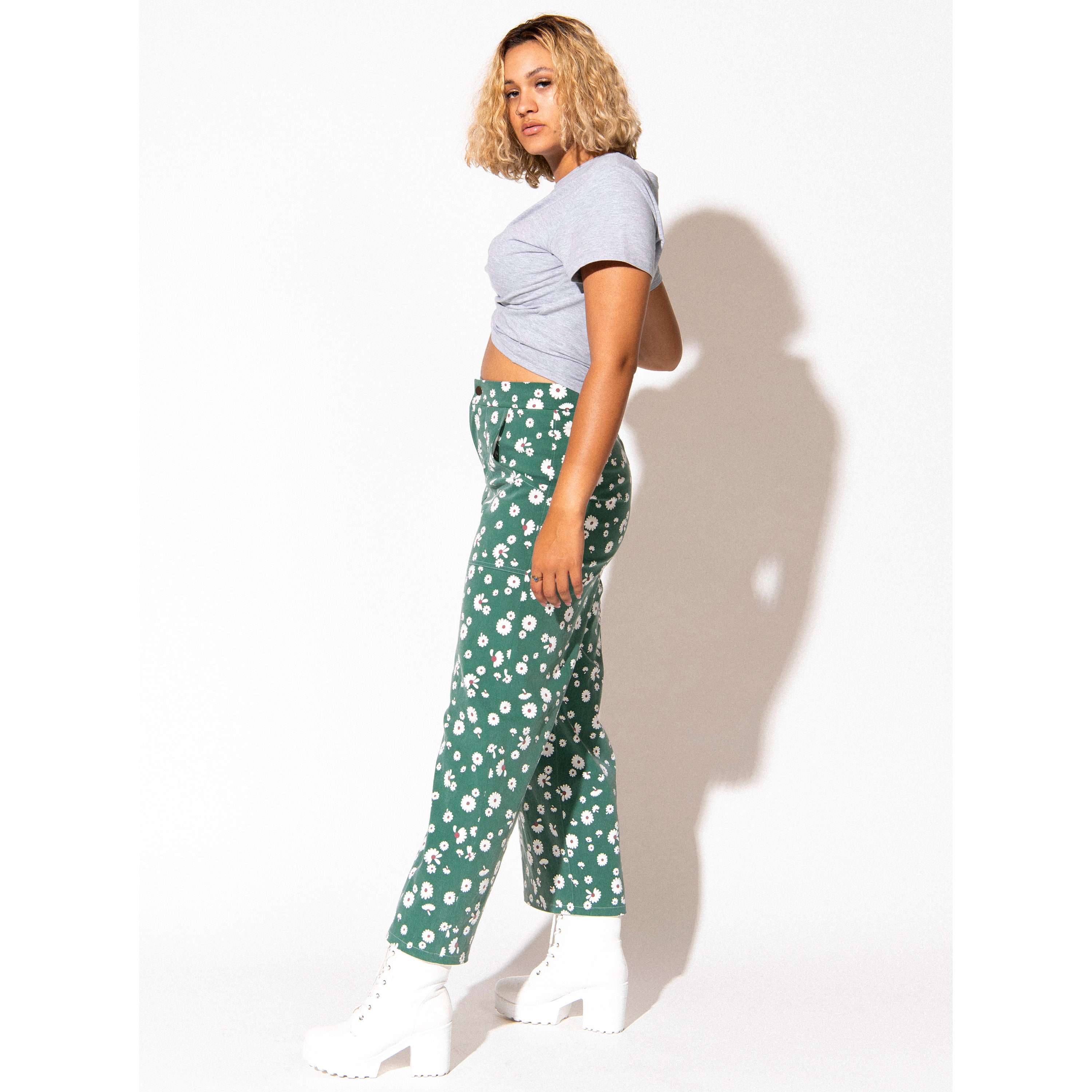 Daisy Wide Leg Jeans - Green Floral High Waisted Pants
