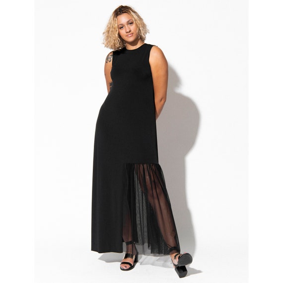 Viola Maxi Dress | Asymmetrical Black Dress with Sheer Panel | Made in Portland, Oregon Viola Maxi Dress | Asymmetrical Black Dress with Sheer Panel | Made in Portland, Oregon