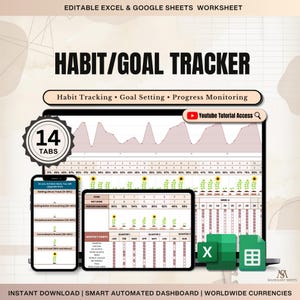 Daily Habit Tracker Google Sheets Excel Automated Goal Tracker Sheet Productivity Routine Planner Weekly Progress Wellness Checklist