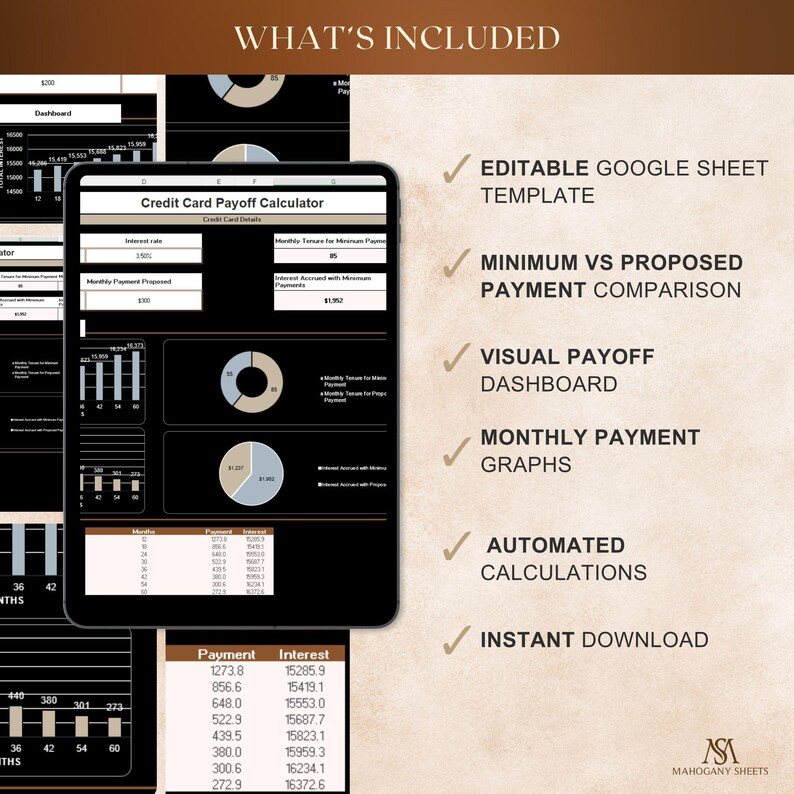 Debt Payoff Calculator in Excel, dark mode on tablet displaying credit card balance tracker charts and payoff timeline.