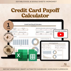 Credit Card Payoff Calculator Excel Google Sheets Debt Reduction Interest Manager Monthly Pay Log Budget Payoff Bill Calendar Gift Idea