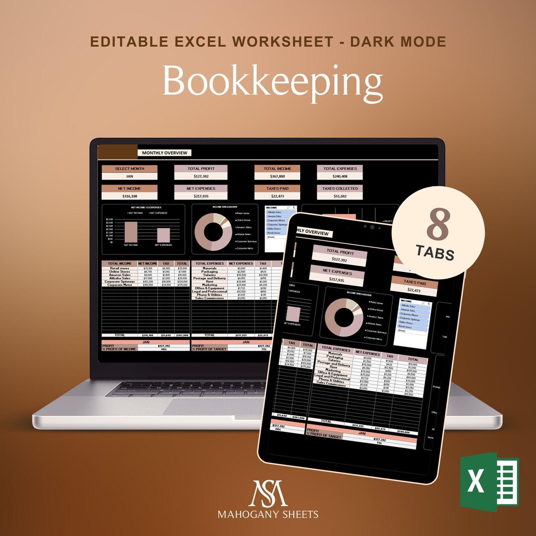Ultimate Bookkeeping Spreadsheet Excel Dark Mode Income Expense ...