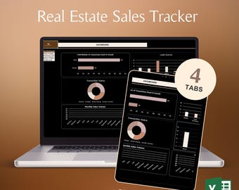 Real Estate Sales Tracker Spreadsheet Excel Dark Mode Commission Tracking Dashboard Transaction Log Goal Performance Monitoring Tool