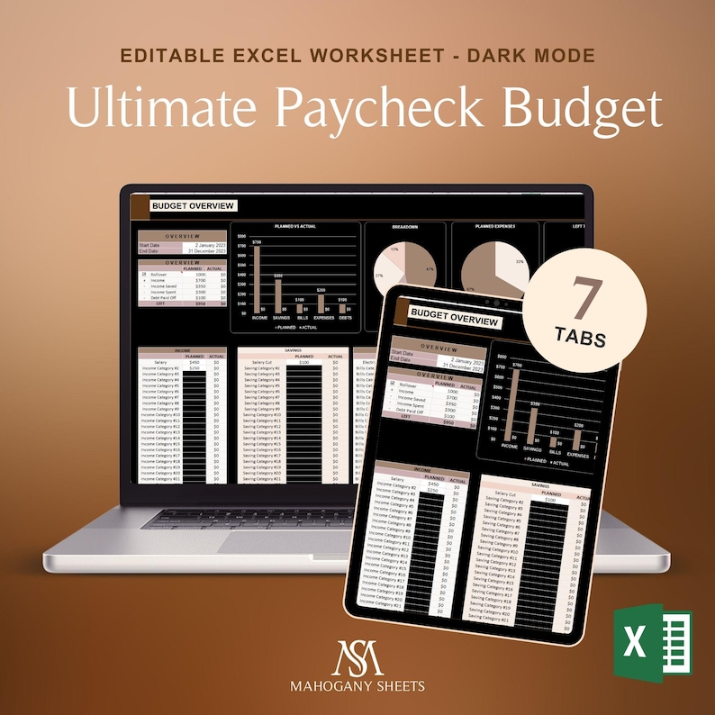 Ultimate Paycheck Budget Spreadsheet for Excel Dark Mode Weekly ...
