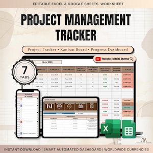 Project Management Google Sheets Excel, Task Tracker Kanban Board Template, Project Timeline Gantt Chart Business Workflow Team Planner