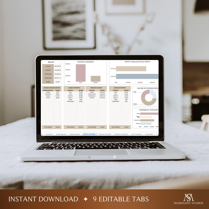 Airbnb Income and Expense Tracker Excel Light Mode Rental Property Spreadsheet Profit Loss Bookkeeping Property Management Planner