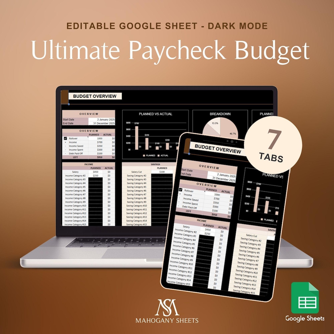 Ultimate Paycheck Budget Spreadsheet for Google Sheets Dark Mode Weekly ...