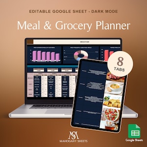 Wöchentlicher Mahlzeitenplaner Google Sheets Dark Mode Einkaufsliste Meal Prep Template Calorie Tracker Rezept Journal