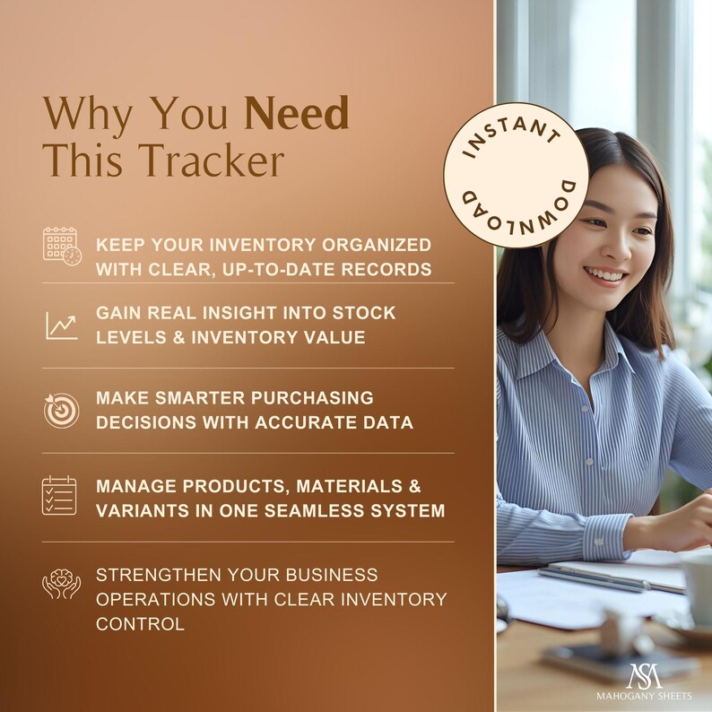 Dark-mode inventory tracker banner with orange gradient; highlights stock dashboard, BOM, and vendor sheet; woman at desk.