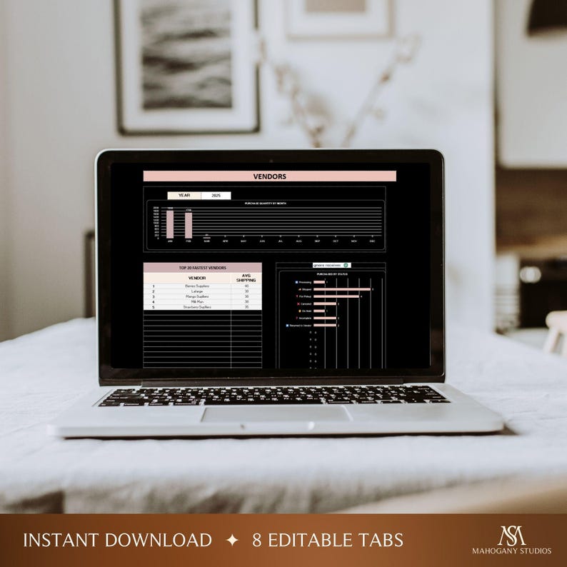 Dark-mode Inventory Tracker Excel Template on a laptop, featuring vendor tracker sheet, BOM data, and stock charts.