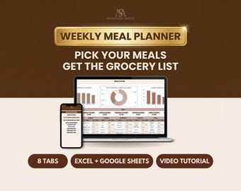 Weekly Meal Planner Google Sheets and Excel Spreadsheet, Automatic Grocery List, Recipe Book