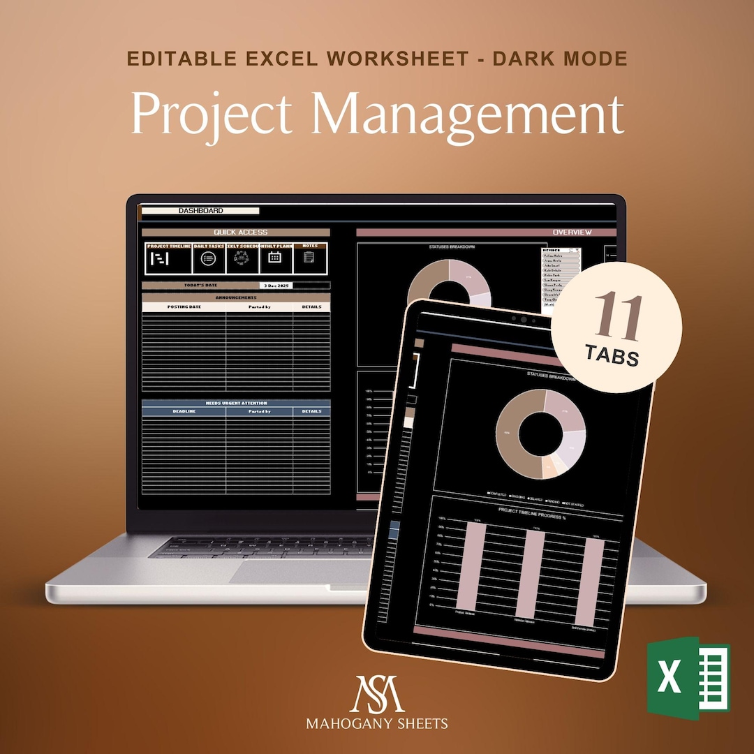 Project Management Spreadsheet Excel Dark Mode| Task Tracker Kanban ...