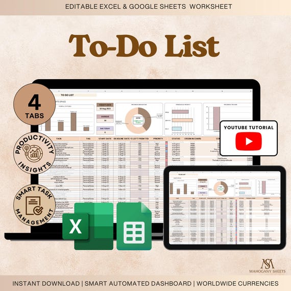 Task Tracker Spreadsheet for Excel & Google Sheets Productivity Dashboard Task Manager Workflow Planner Daily Planner