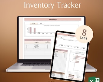 May include: A laptop and tablet displaying an "Inventory Tracker" Excel worksheet. The screen shows charts and data tables. The image includes the text "EDITABLE EXCEL WORKSHEET" and "Inventory Tracker". A circle graphic reads "8 TABS".
