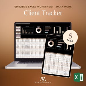 May include: A laptop and tablet display a dark mode Excel client tracker spreadsheet. The screen shows charts, graphs, and data tables. The image includes the text "Editable Excel Worksheet - Dark Mode" and "Client Tracker."