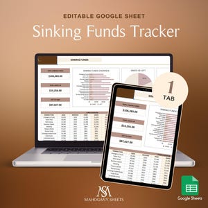 May include: A laptop and tablet display a "Sinking Funds Tracker" spreadsheet. The spreadsheet shows financial data, including totals and breakdowns. The image includes the text "Editable Google Sheet" and "Mahogany Sheets."