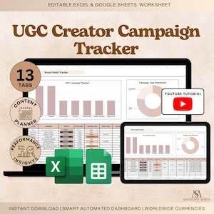 UGC Content Dashboard Excel and Google Sheets Influencer Toolkit with Checklist Workload Tracker Brand Deal Tracker Creator Kit