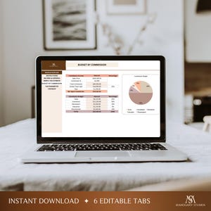 Laptop screen shows a real estate tax planner in Excel/Google Sheets with commission tracker, income/expense table, and deduction checklist.