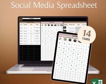 Puede incluir: Un portátil y una tableta muestran una hoja de cálculo de Excel en modo oscuro para la planificación de redes sociales. La hoja de cálculo incluye secciones para la definición de contenido, plataformas y enlaces. El texto "14 Tabs" y "Mahogany Sheets" también es visible.