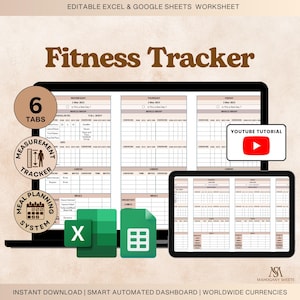 Può includere: Un fitness tracker digitale visualizzato su due tablet. Il tracker include sezioni per esercizi, cardio e pasti. L'immagine presenta anche icone per il monitoraggio delle misurazioni e la pianificazione dei pasti, insieme al testo "Fitness Tracker."