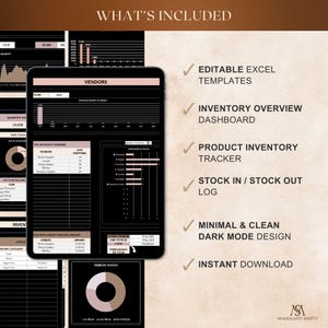 Inventory tracker Excel template in dark mode with stock dashboard, BOM, vendor sheet, and sales log on tablet and phone.