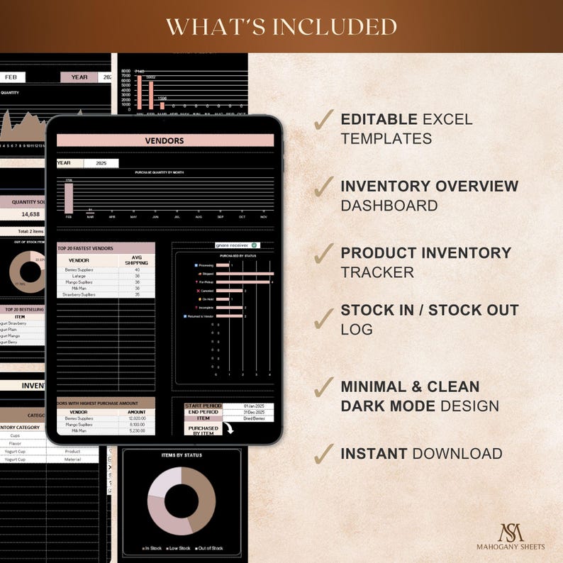 Inventory tracker Excel template in dark mode with stock dashboard, BOM, vendor sheet, and sales log on tablet and phone.