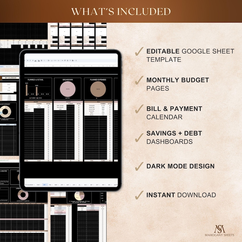 Dark Mode budget spreadsheet in Google Sheets, on tablet, with budget pages, bills, savings, debt and net worth dashboards