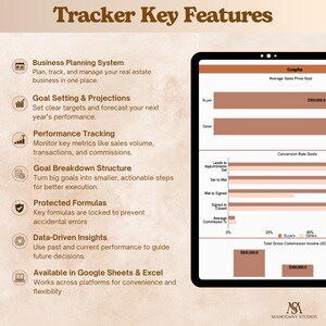Real estate tax planner for agents (Excel/Google Sheets); graphs, commission tracker, income vs expense, deduction checklist.