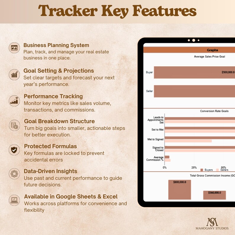 Real estate tax planner for agents (Excel/Google Sheets); graphs, commission tracker, income vs expense, deduction checklist.