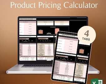Calculadora de precios de productos en Excel (modo oscuro) para pequeñas empresas, seguimiento de costos y margen de beneficio, y hoja de estrategia de precios de productos hechos a mano.