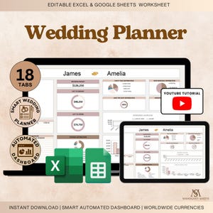 Puede incluir: Una plantilla digital de planificador de bodas que se muestra en una tableta y una computadora portátil. La pantalla muestra detalles del presupuesto, gráficos y diagramas. Las palabras "Wedding Planner" están en la parte superior. Incluye un enlace a un tutorial de YouTube.