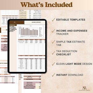 Real estate agent tax planner on tablet showing income and expenses tracker with deduction checklist in Google Sheets.