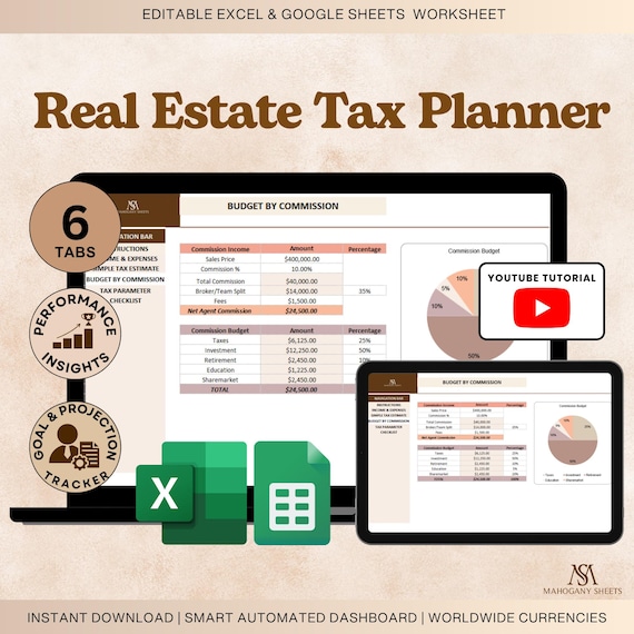 Agent Tax Planner Google Sheets Excel, Realtor Bookkeeping Expense Log, Real Estate Agent Income Tracker Profit and Loss Budget Sheet