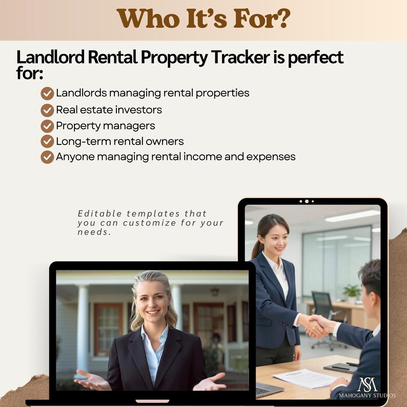 Landlord Rental Property Tracker; digital Excel/Google Sheets templates for rental income and expenses with profit dashboard.