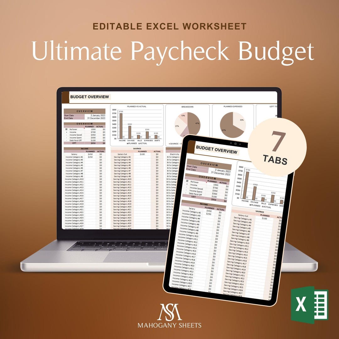 Ultimate Paycheck Budget Spreadsheet for Excel Light Mode Weekly ...