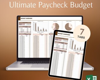 May include: A laptop and tablet displaying an Excel spreadsheet titled "Ultimate Paycheck Budget." The spreadsheet shows budget overviews with charts and tables. The image includes the text "EDITABLE EXCEL WORKSHEET" and "7 TABS."