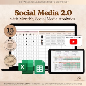 May include: A digital worksheet titled "Social Media 2.0" with monthly analytics, displayed on a tablet and a computer screen. The image includes icons for content planning and performance insights, along with Excel and Google Sheets logos. The text "15 Tabs" is also visible.