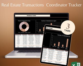 Real Estate Transaction Coordinator Tracker Spreadsheet Excel Dark Mode Agent Performance Commission Tracking Transaction Log Workflow Tool