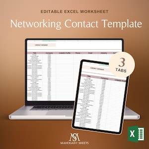 Peut inclure: Un ordinateur portable et une tablette affichent un modèle de contact réseau dans une feuille de calcul Excel. Le texte "Networking Contact Template" est en haut. La tablette affiche "3 onglets". L'icône Excel est en bas à droite.