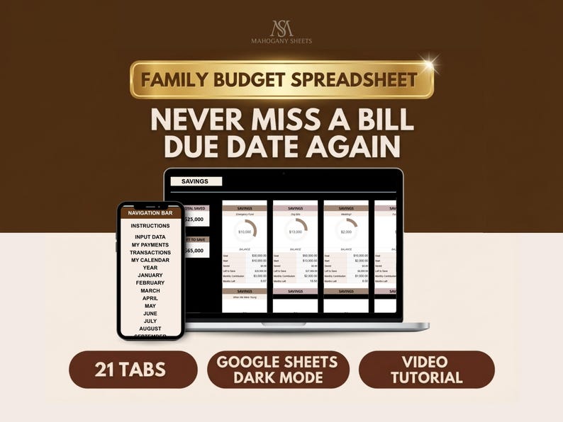 Family Budget Spreadsheet template for Google Sheets in dark mode. A gold plaque at the top reads FAMILY BUDGET SPREADSHEET, with the headline NEVER MISS A BILL DUE DATE AGAIN beneath it on a dark brown background. A silver laptop shows the yearly overview dashboard on a black sheet, with planned and actual charts, and a phone beside it shows the list of tabs. Three badges along the bottom read 21 TABS, GOOGLE SHEETS DARK MODE and VIDEO TUTORIAL.